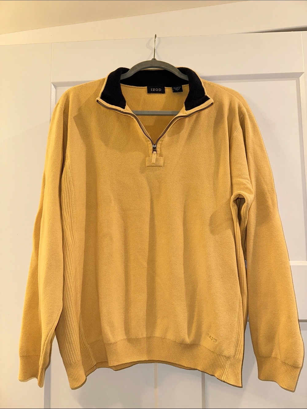 Izod Men's Mustard Yellow Zip-Neck Sweater with Navy Collar